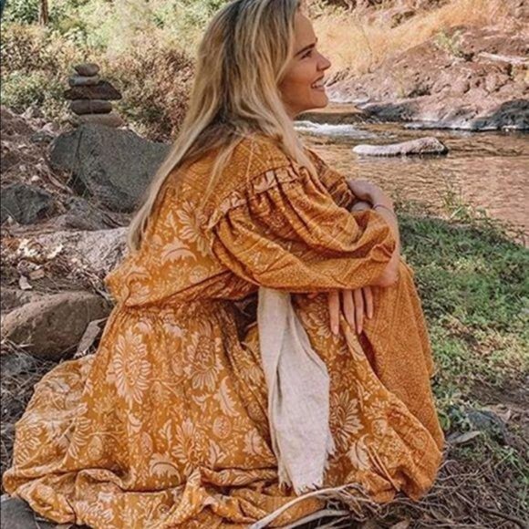 Bohemian Gypsy Print Ruffle Floral Dress Orange - Picture 12 of 13